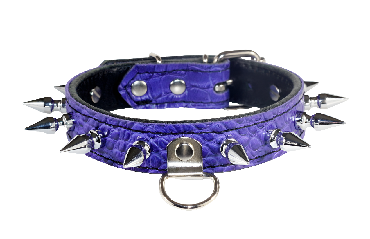 Spiked Purple Croc Leather Bondage Collar