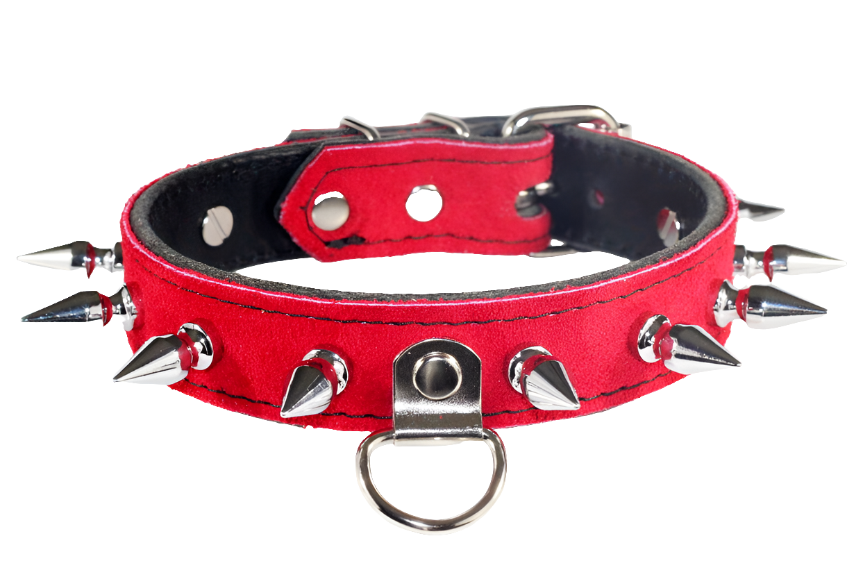 Spiked Red Suede Bondage Collar