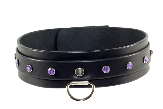 Dual Layer Black Leather Bdsm Collar with Purple Crystals