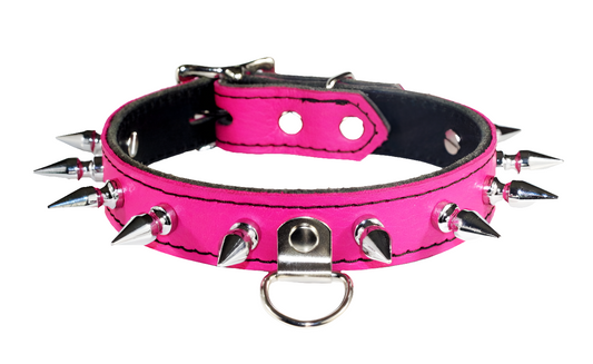 Spiked Hot Pink Leather Bondage Collar