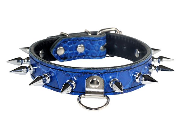 Spiked Blue Croc Embossed Leather Bondage Collar