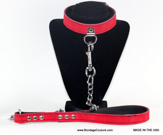 Prettybows Soft Lamb Leather Collar Leash Set - Black/Red Leather